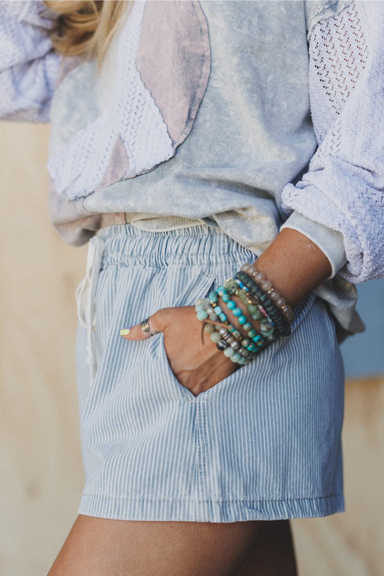 Sky Blue Stripe Drawstring Elastic Waist Casual Denim Shorts - Essential Retail Store