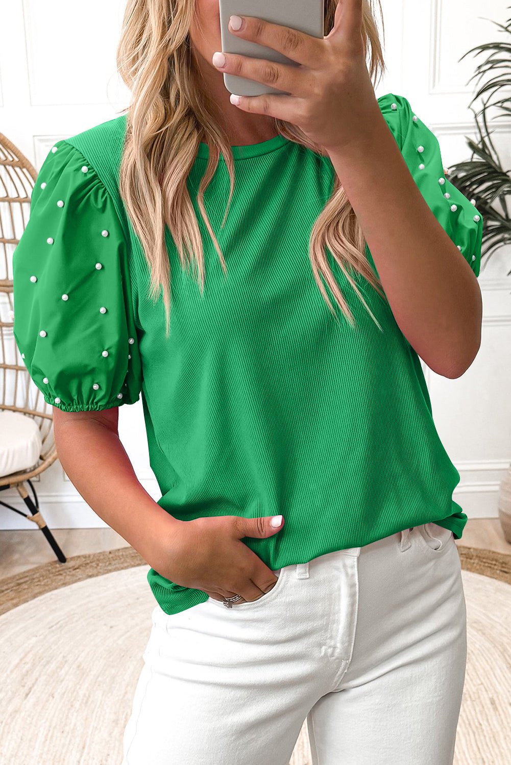 Bright Green Ribbed Pearl Beaded Puff Sleeve Top - Essential Retail Store