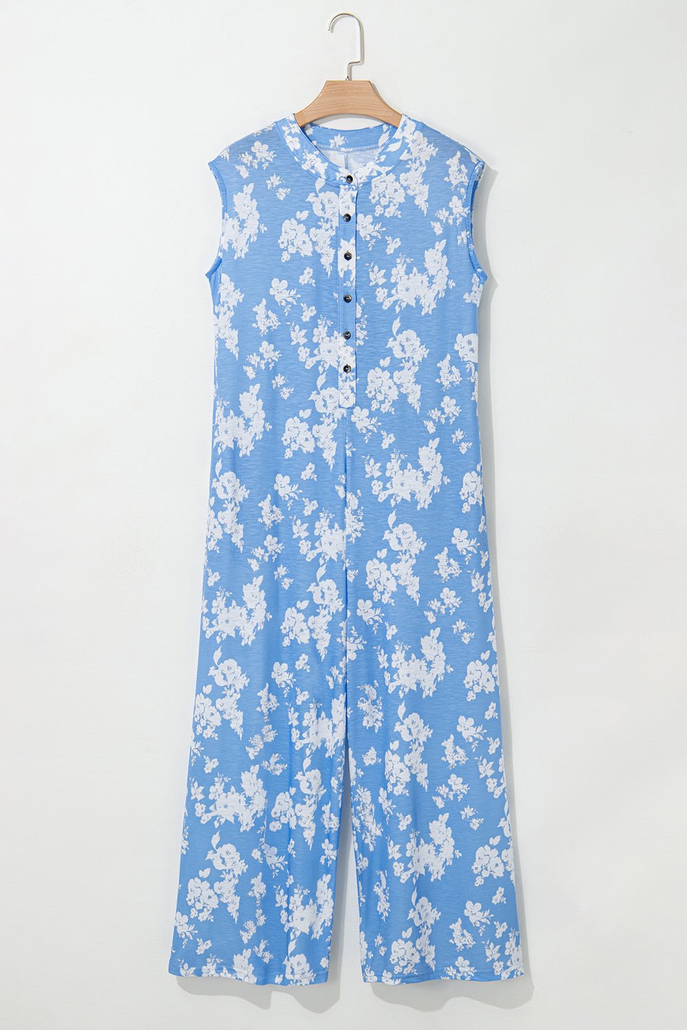 Myosotis Floral Print Half Button Wide Leg Relaxed Sleeveless Jumpsuit - Essential Retail Store