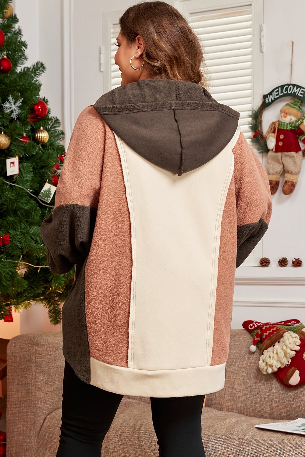 Brown Exposed Seam Colorblock Plus Size Hoodie - Essential Retail Store