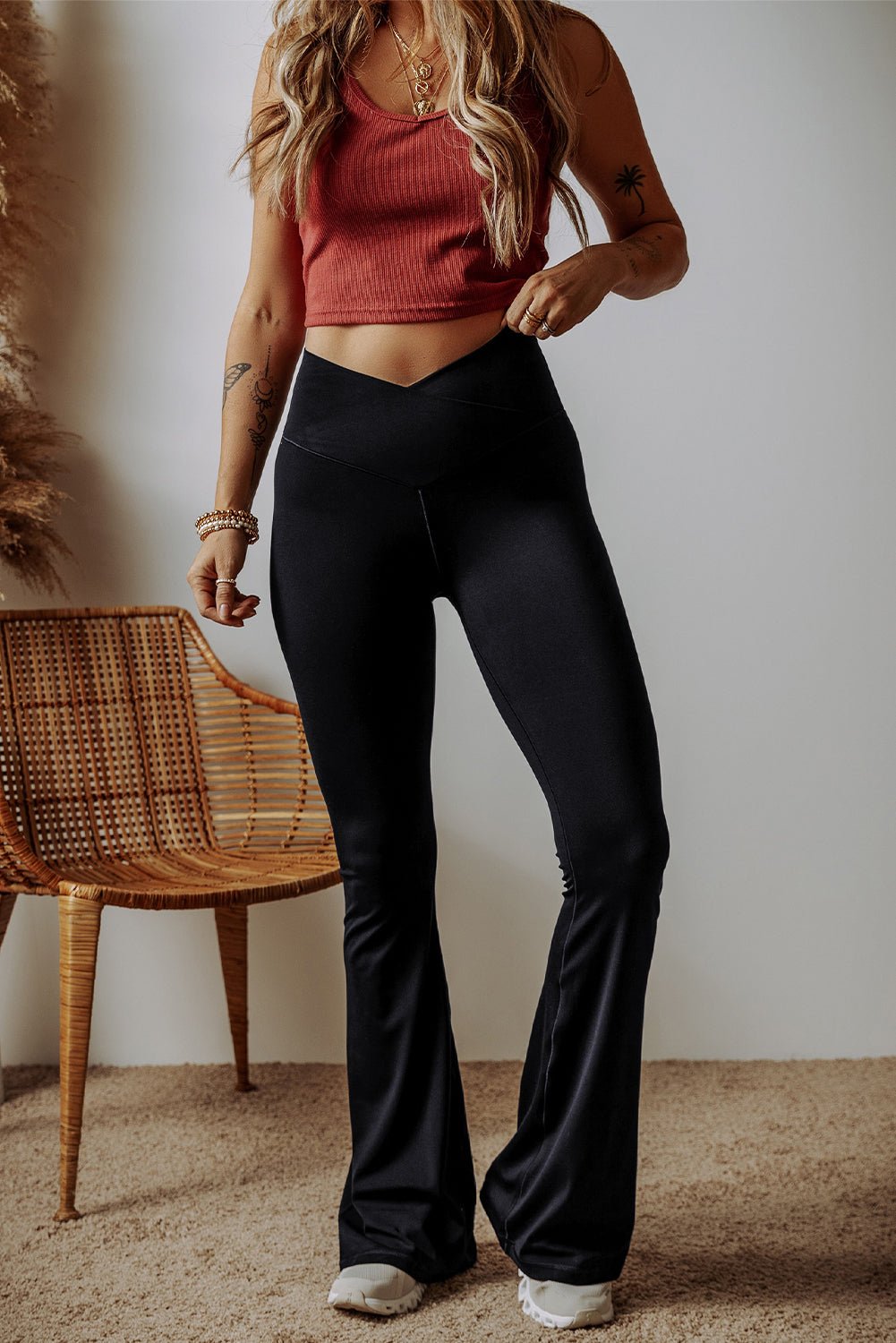 Black V Shape High Waist Flared Leggings - Essential Retail Store