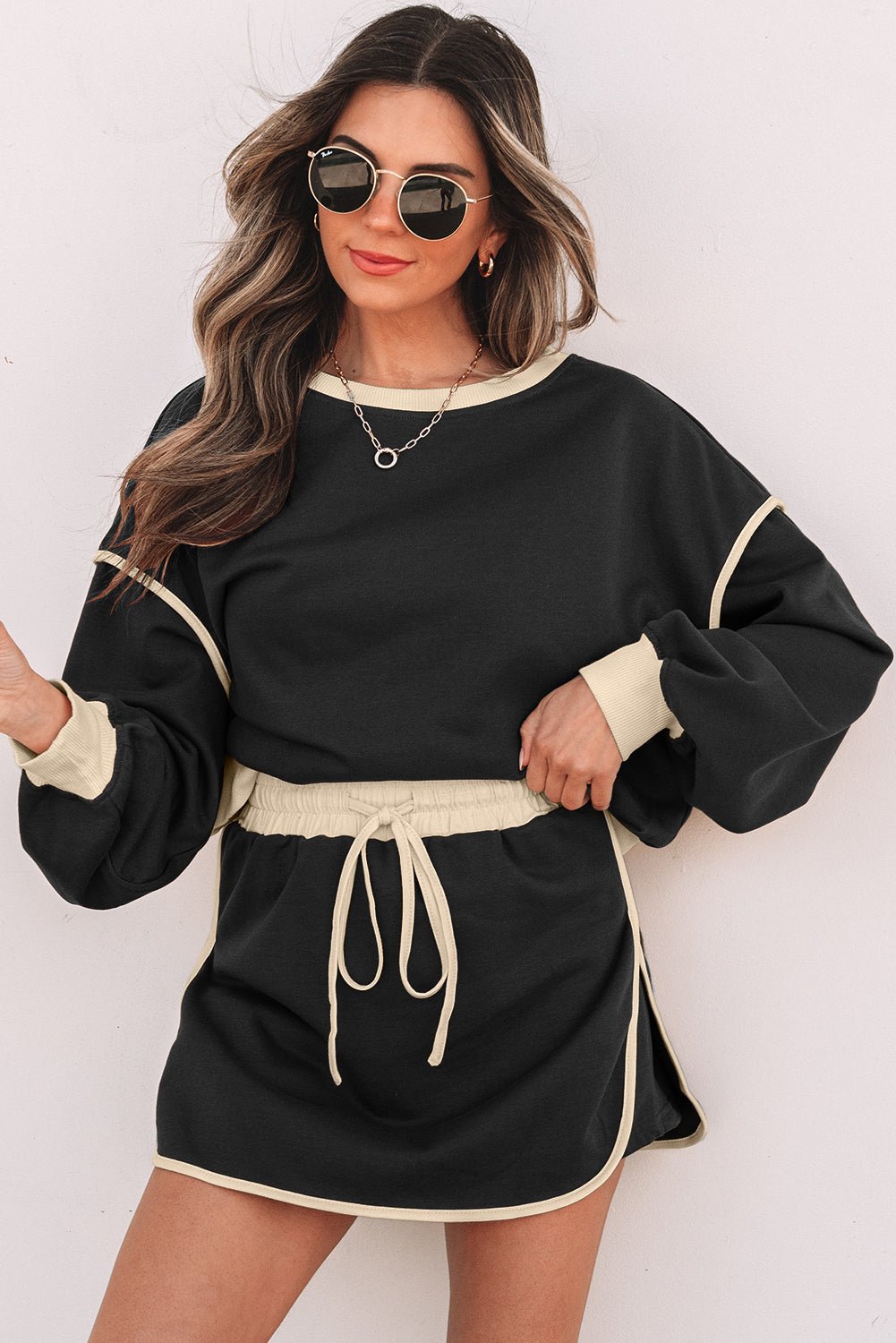 Evergreen Color Contrast Loose Pullover and Lace - up Waist Skort Set - Essential Retail Store