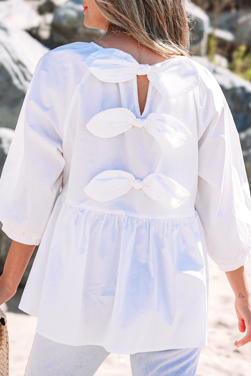 White Bow Knot Cutout Back Loose Fit 3/4 Sleeve Blouse - Essential Retail Store