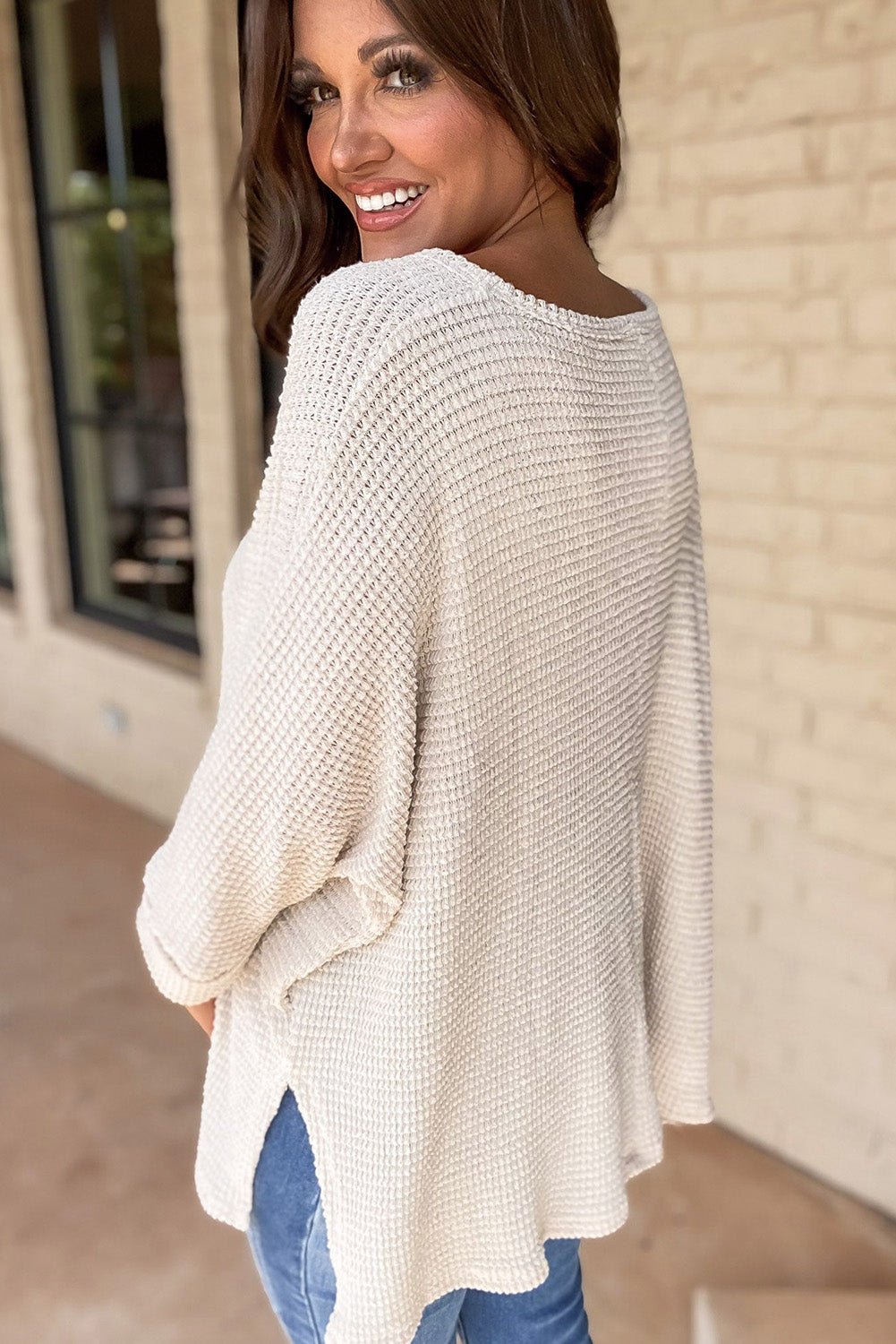 White Waffle Knit Side Slits Loose Fit V Neck Top - Essential Retail Store