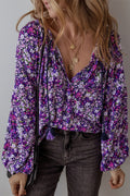 Purple Boho Flower Split V Neck Bubble Sleeve Blouse - Essential Retail Store