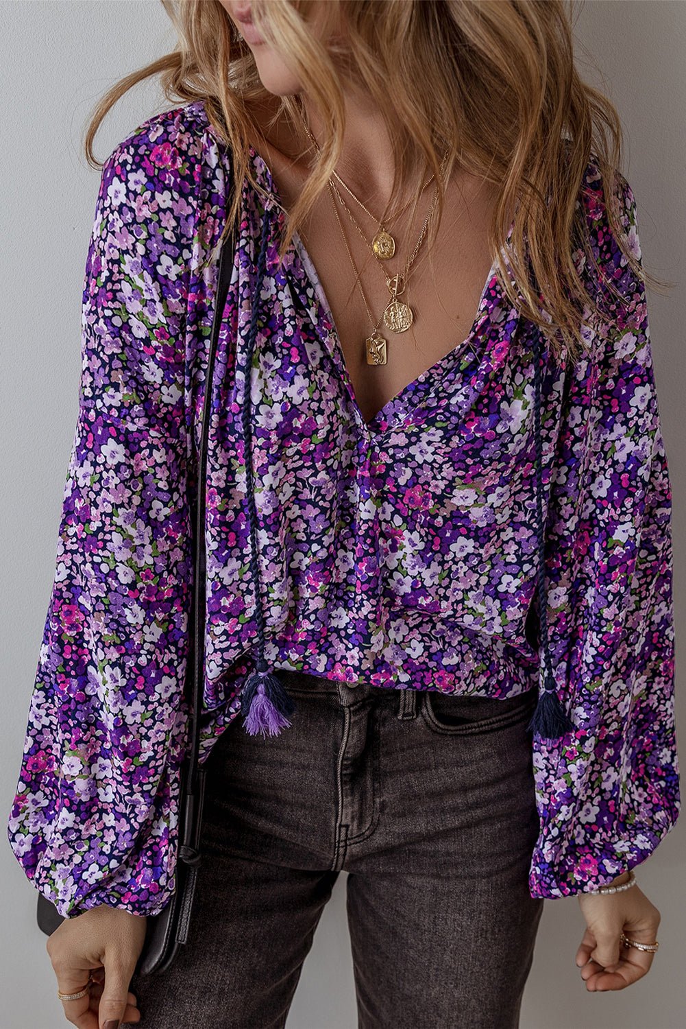 Purple Boho Flower Split V Neck Bubble Sleeve Blouse - Essential Retail Store