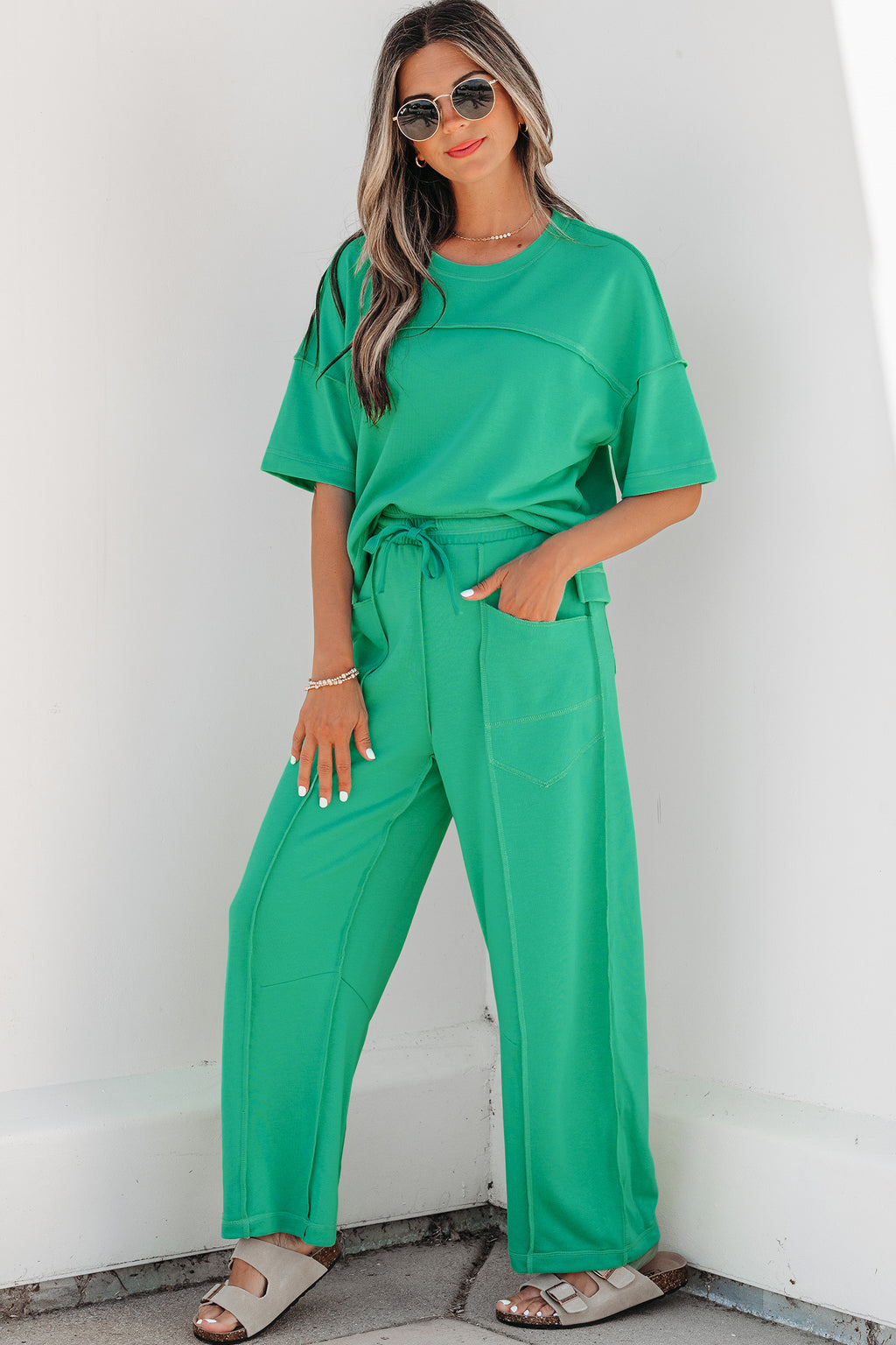 Rose Red Drop Shoulder Boxy Tee and Barrel Pants Set - Essential Retail Store