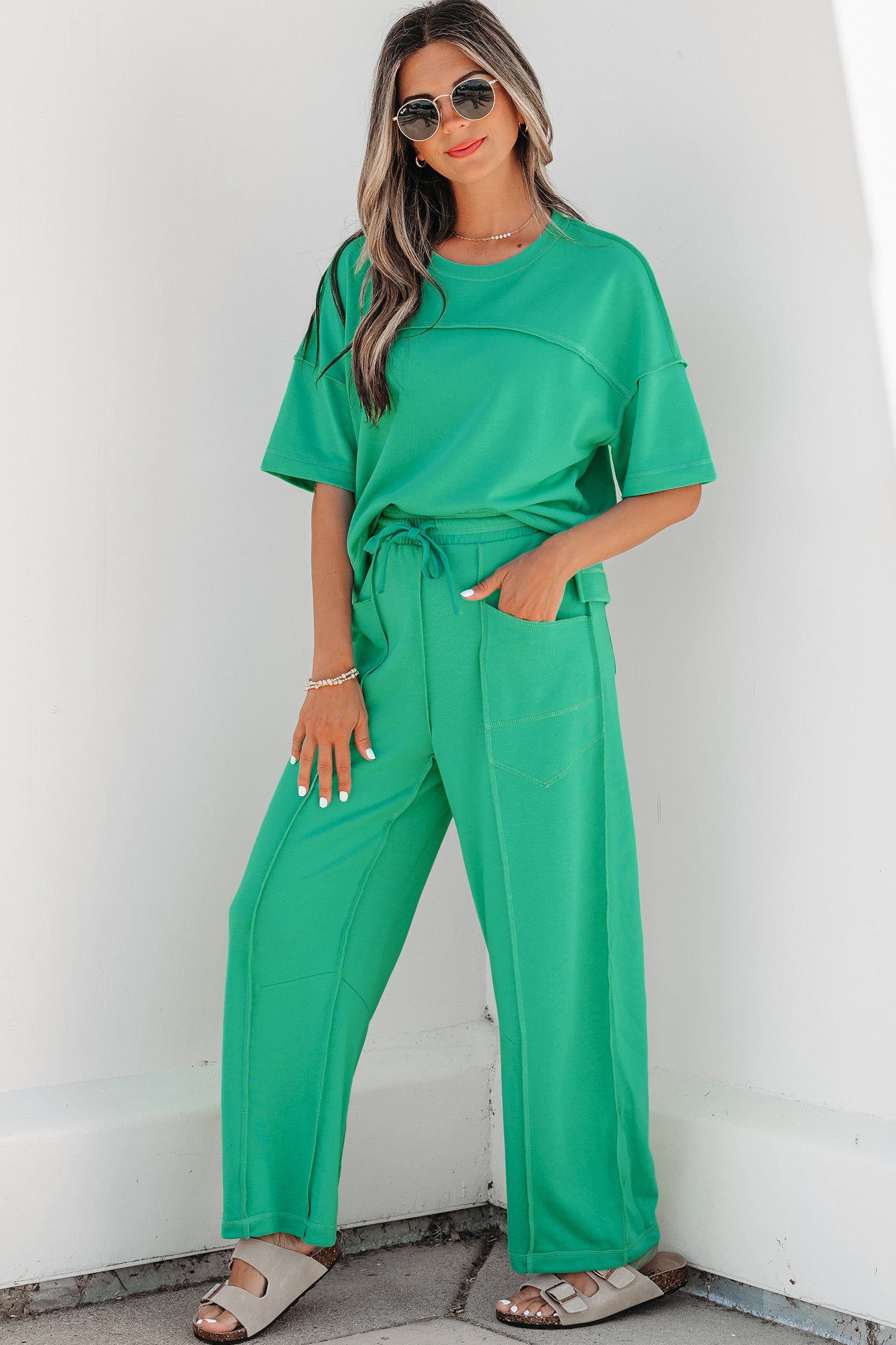 Rose Red Drop Shoulder Boxy Tee and Barrel Pants Set - Essential Retail Store