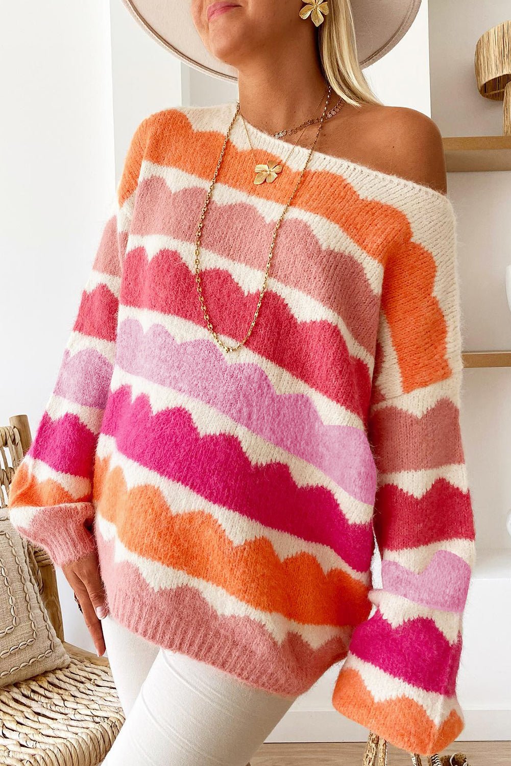 Rose Red Wave Striped Balloon Sleeve Drop Shoulder Sweater - Essential Retail Store