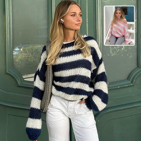 Loose Striped Pullover Sweater - Fashion Versatile Long-sleeved