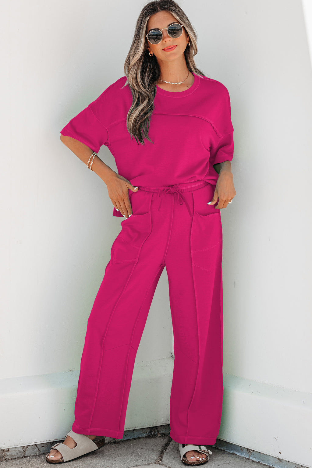 Rose Red Drop Shoulder Boxy Tee and Barrel Pants Set - Essential Retail Store