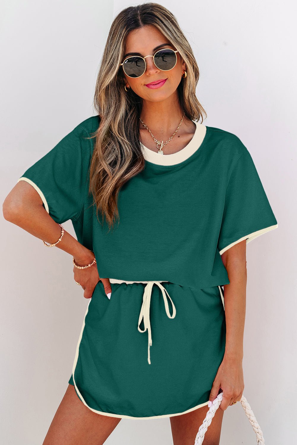 Turquoise Colorblock Edge Drop Shoulder T Shirt and Skort 2Pcs Set - Essential Retail Store