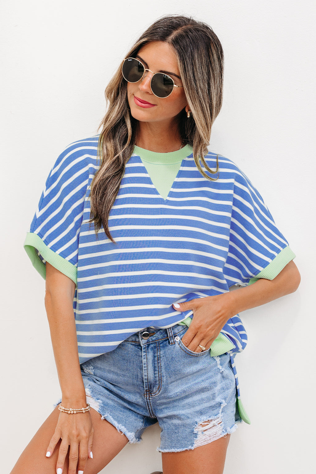 Sky Blue Stripe Contrast Trim Loose Short Sleeve Top - Essential Retail Store