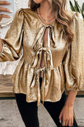 Gold Bow Tie Front Puff 3/4 Sleeve Ruffle Hem Blouse - Essential Retail Store