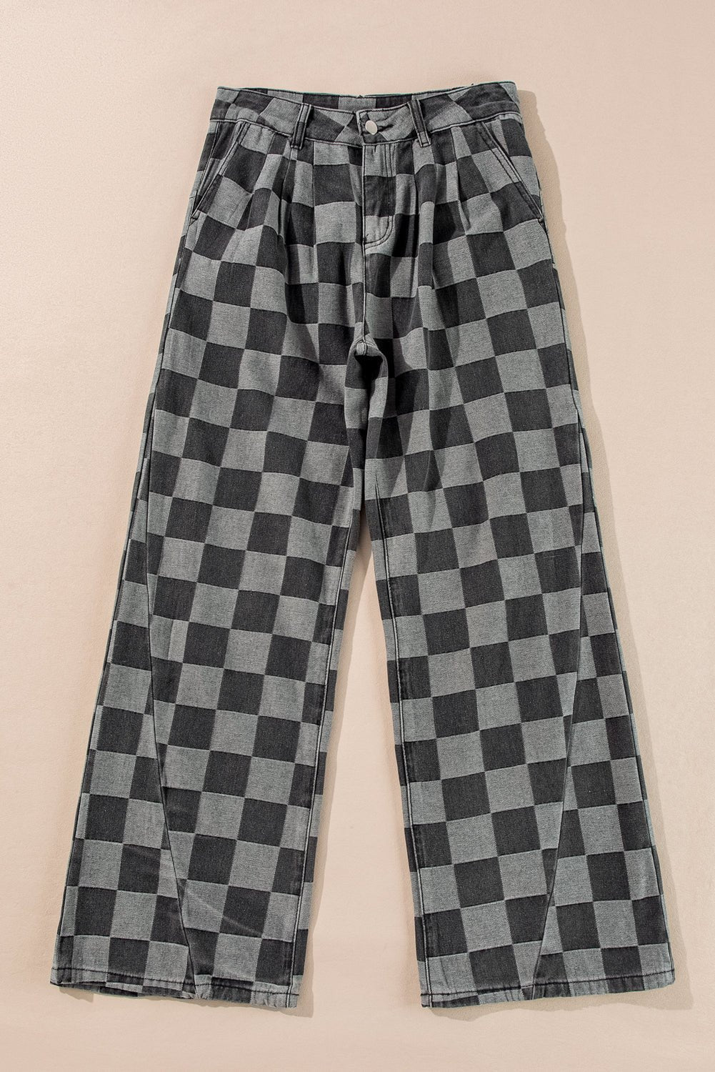 Dark Grey Checkered Denim Wide Leg Jeans - Essential Retail Store