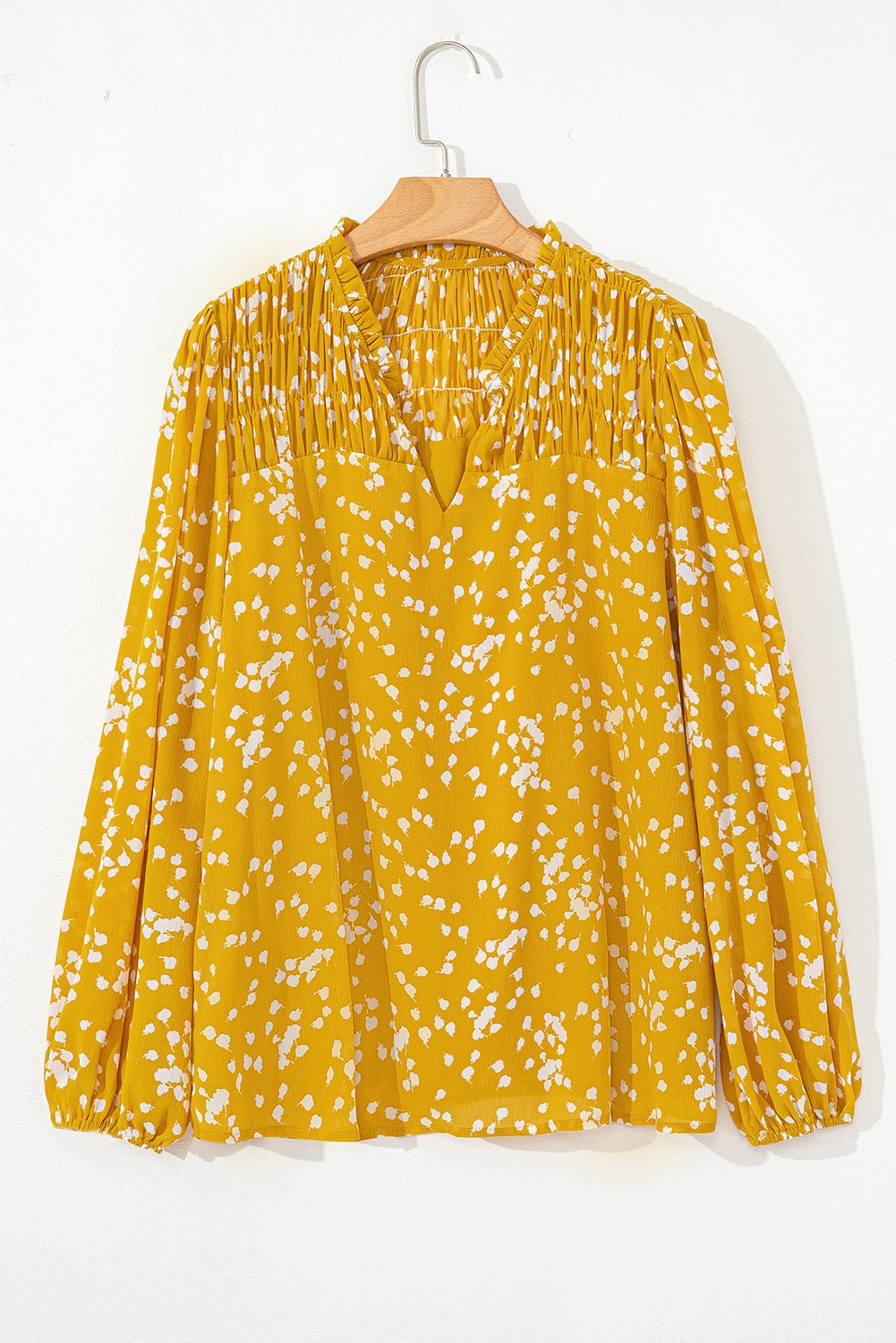 Yellow Plus Size Floral Print Ruched Split Neck Blouse - Essential Retail Store