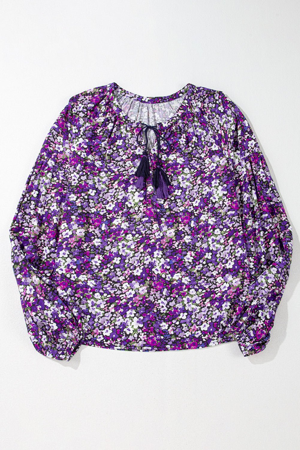 Purple Boho Flower Split V Neck Bubble Sleeve Blouse - Essential Retail Store