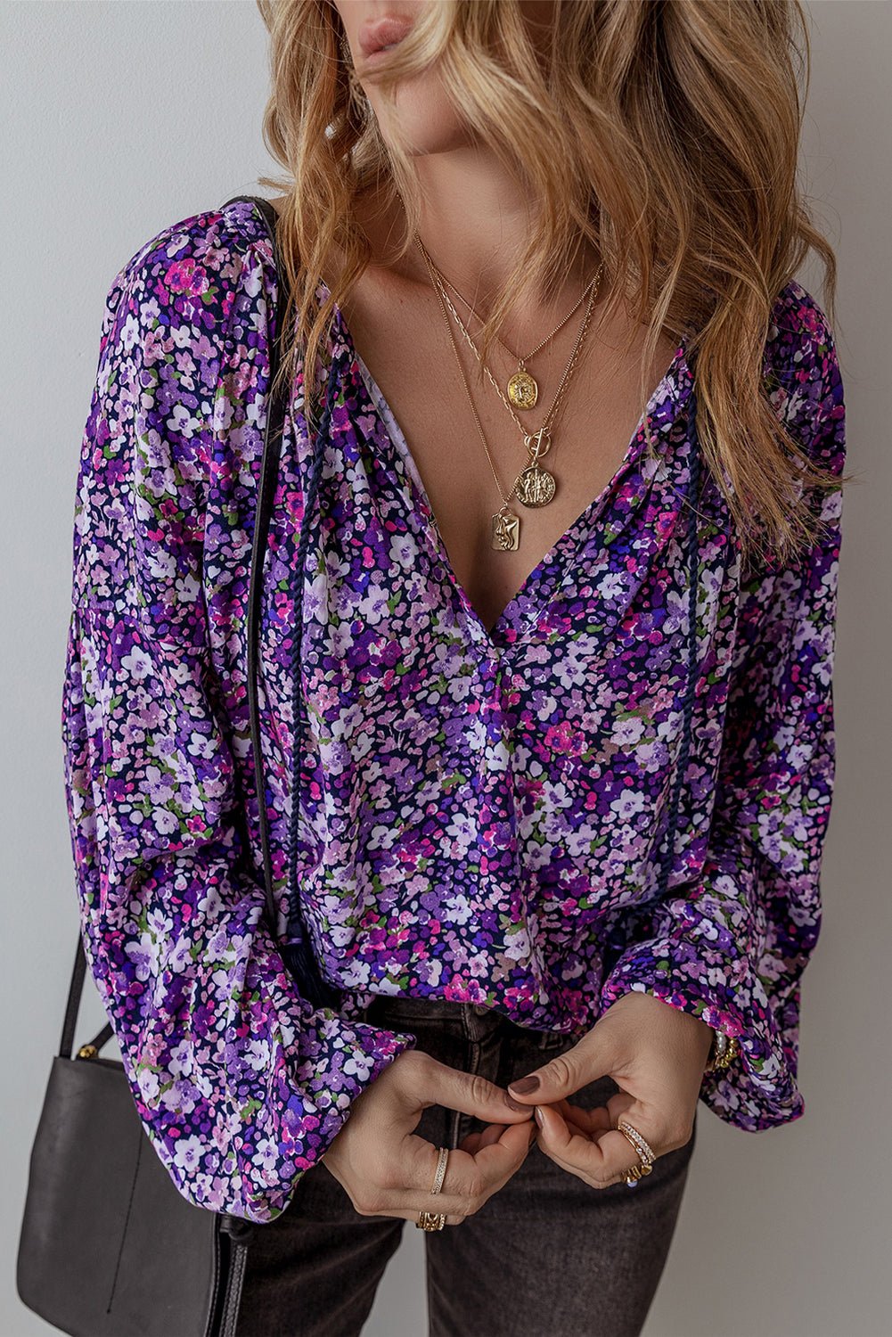 Purple Boho Flower Split V Neck Bubble Sleeve Blouse - Essential Retail Store