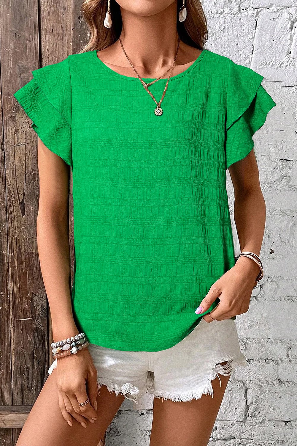 Dark Green Textured Ruffled Sleeve Round Neck Top - Essential Retail Store