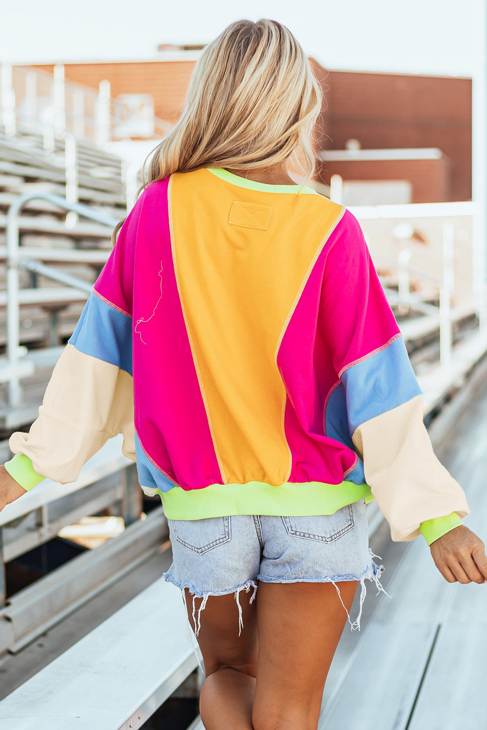 Orchid Petal Colorblock Patchwork Exposed Stitching Oversize Top