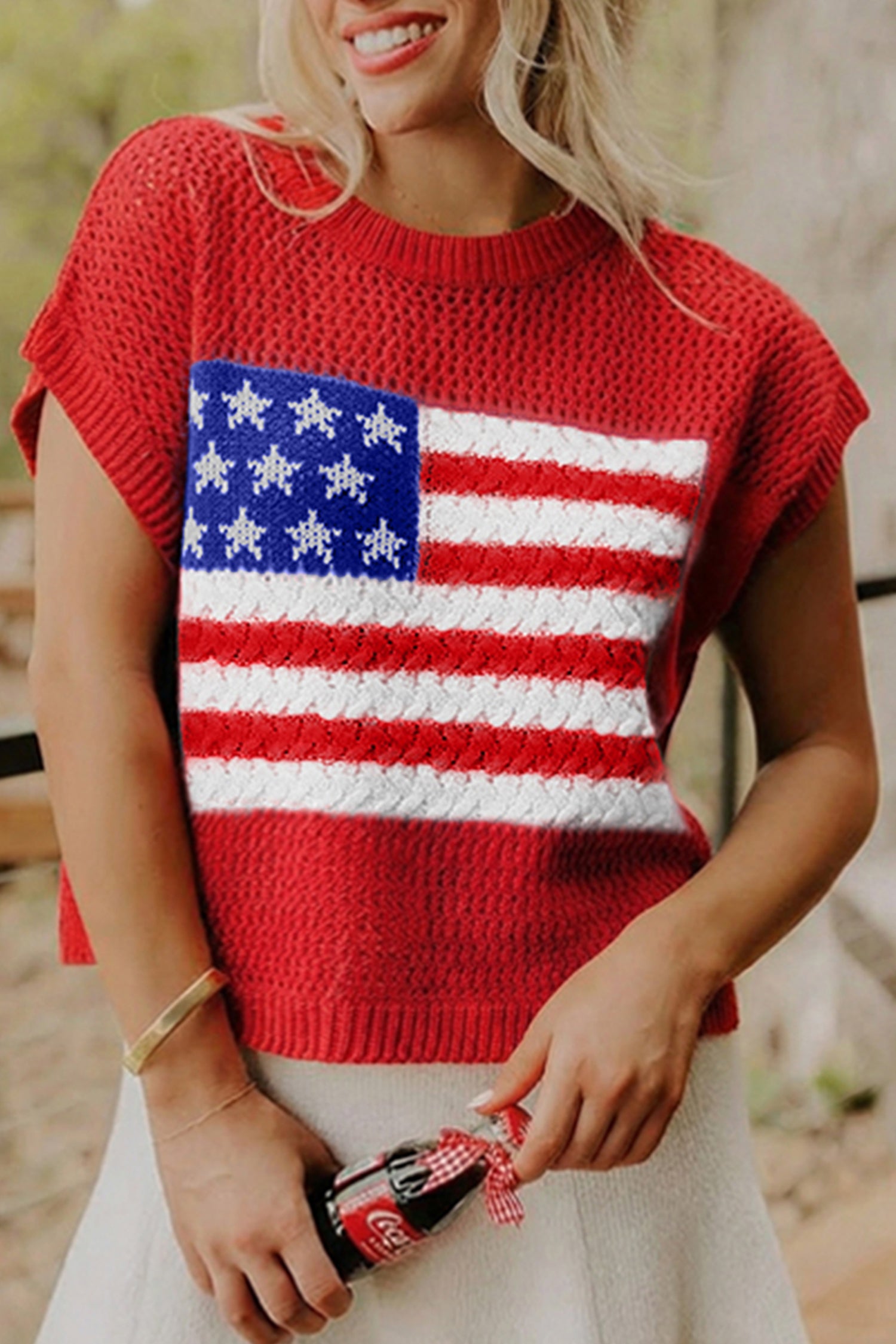 Sky Blue Flag Graphic Short Sleeve Sweater Top - Essential Retail Store