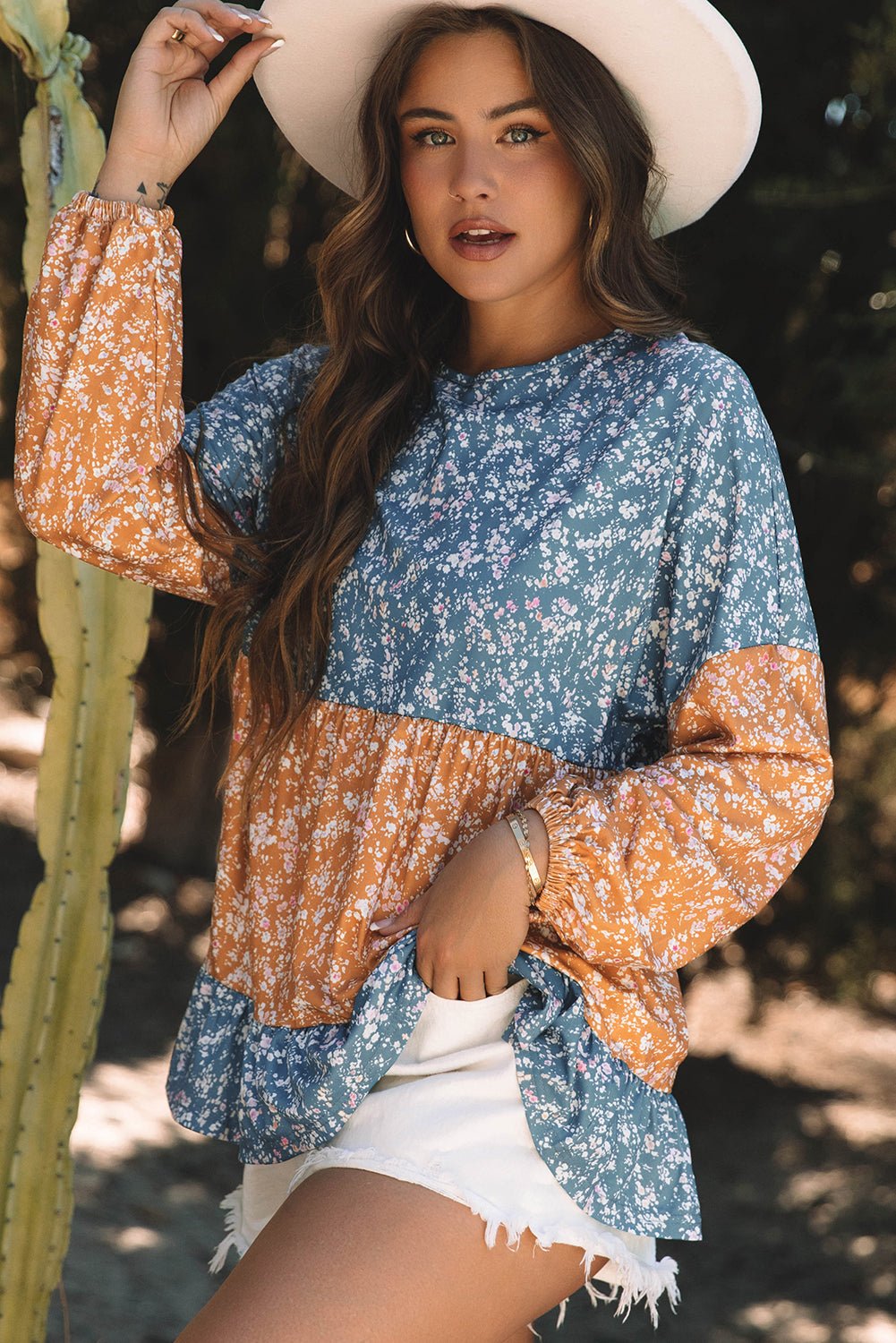 Orange Floral Color Block Patchwork Ruffled Hem Round Neck Blouse - Essential Retail Store
