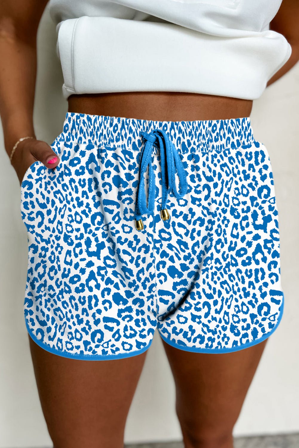 Pink Leopard Elastic Waistband Lace up Contrast Trim Casual Shorts - Essential Retail Store