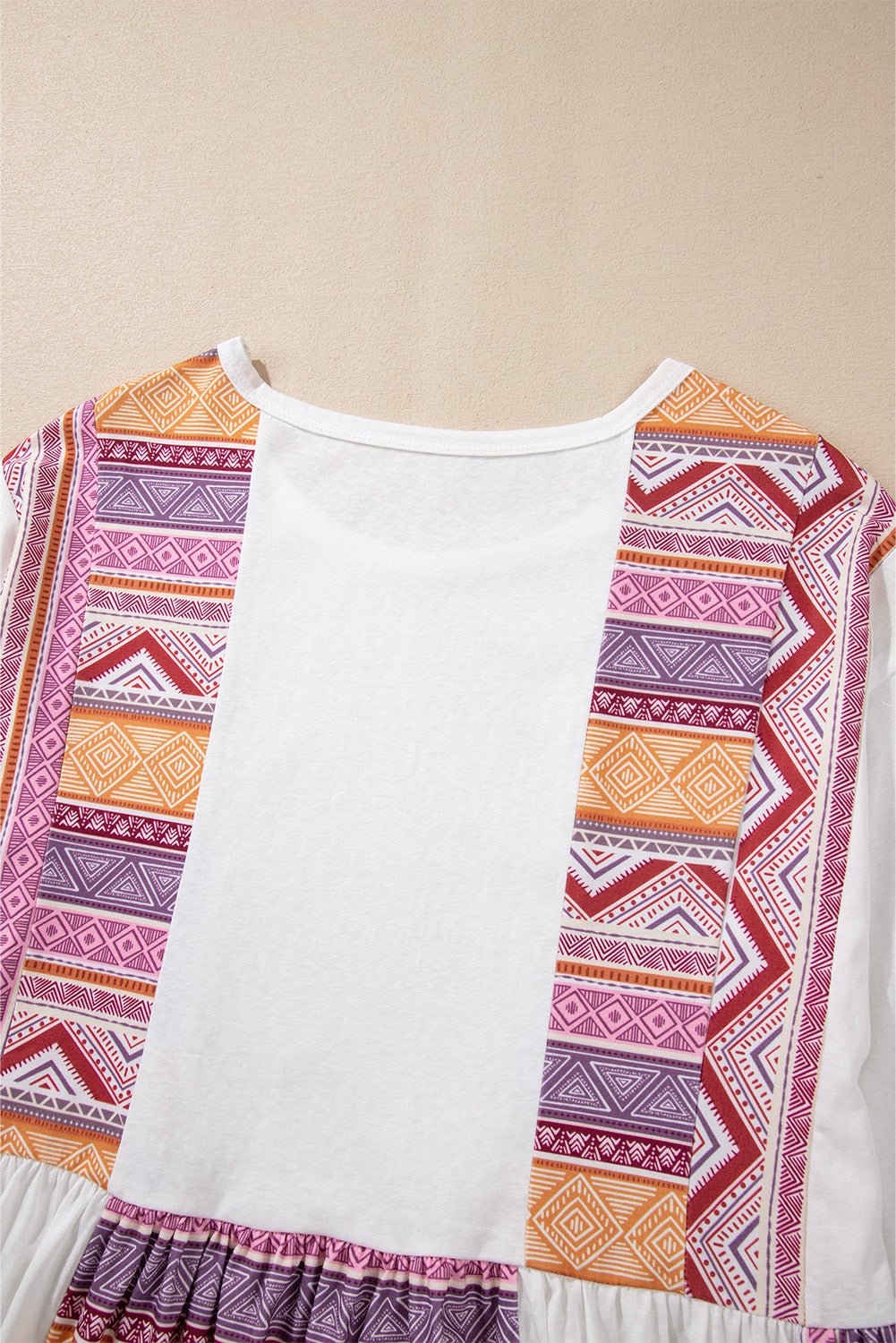 White Western Aztec Print Patchwork Ruffled Tunic Long Sleeve Babydoll Top - Essential Retail Store