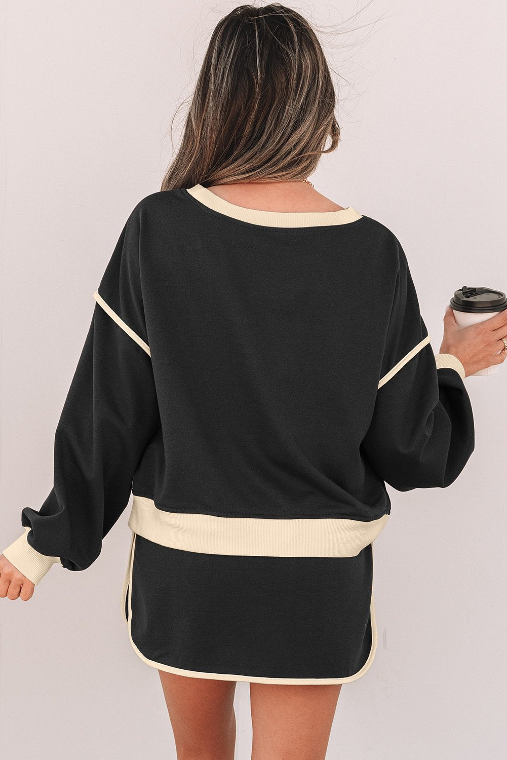 Evergreen Color Contrast Loose Pullover and Lace - up Waist Skort Set - Essential Retail Store