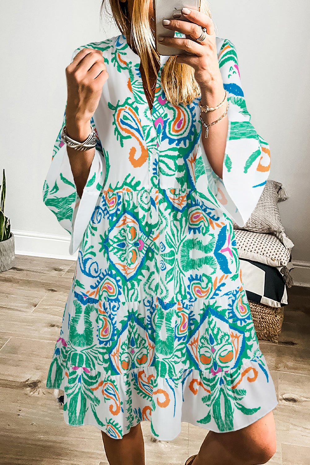 White Printed Tribal Bracelet Sleeve Buttoned Mini Dress - Essential Retail Store