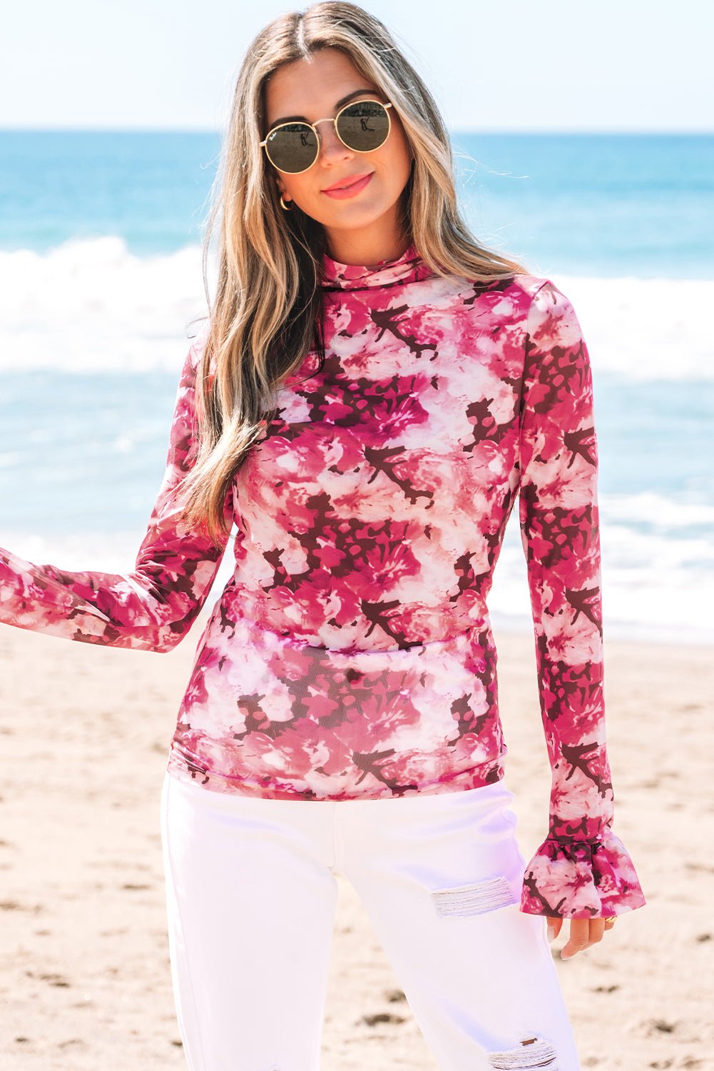 Rose Floral Mesh Flounce Sleeve Mock Neck Blouse - Essential Retail Store