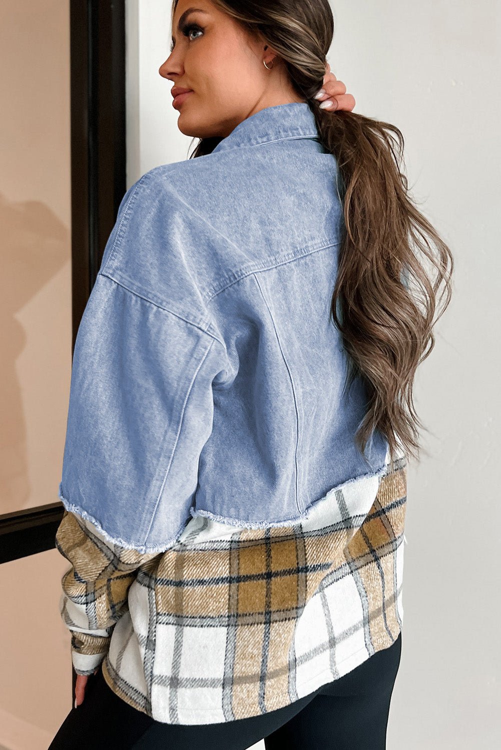 Khaki Plaid Patchwork Buttoned Oversized Denim Jacket - Essential Retail Store