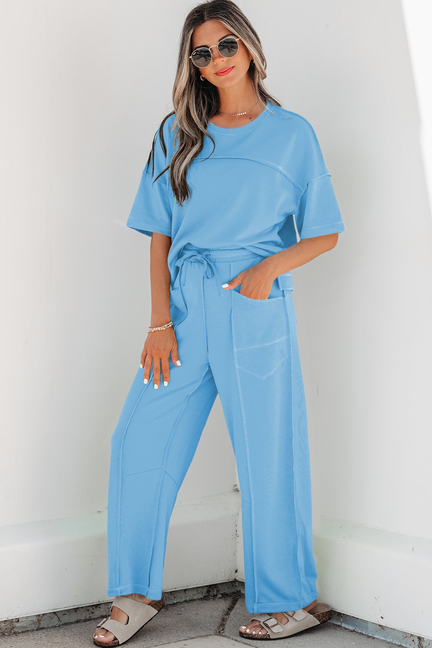 Rose Red Drop Shoulder Boxy Tee and Barrel Pants Set - Essential Retail Store