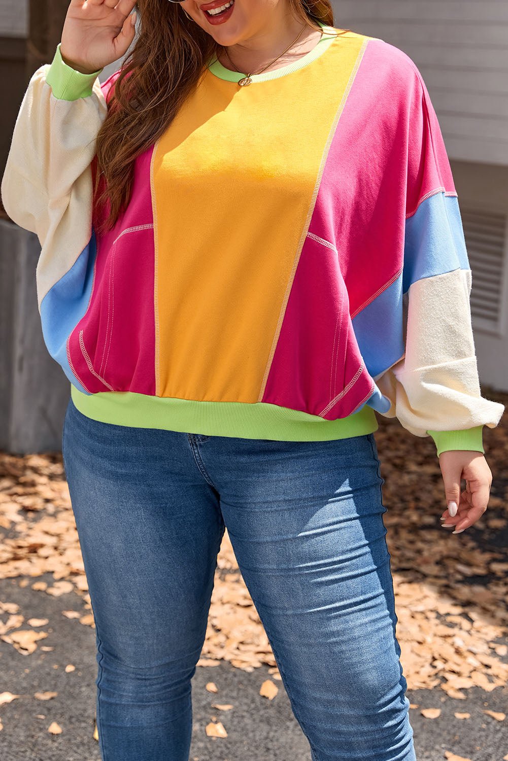 Rose Red Plus Size Colorblock Patchwork Exposed Seam Sweatshirt - Essential Retail Store