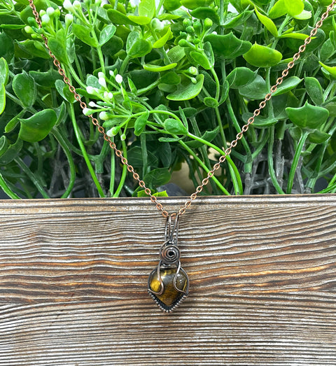 Small Tiger's Eye Gemstone Wire Wrapped Pendant Heart Shaped