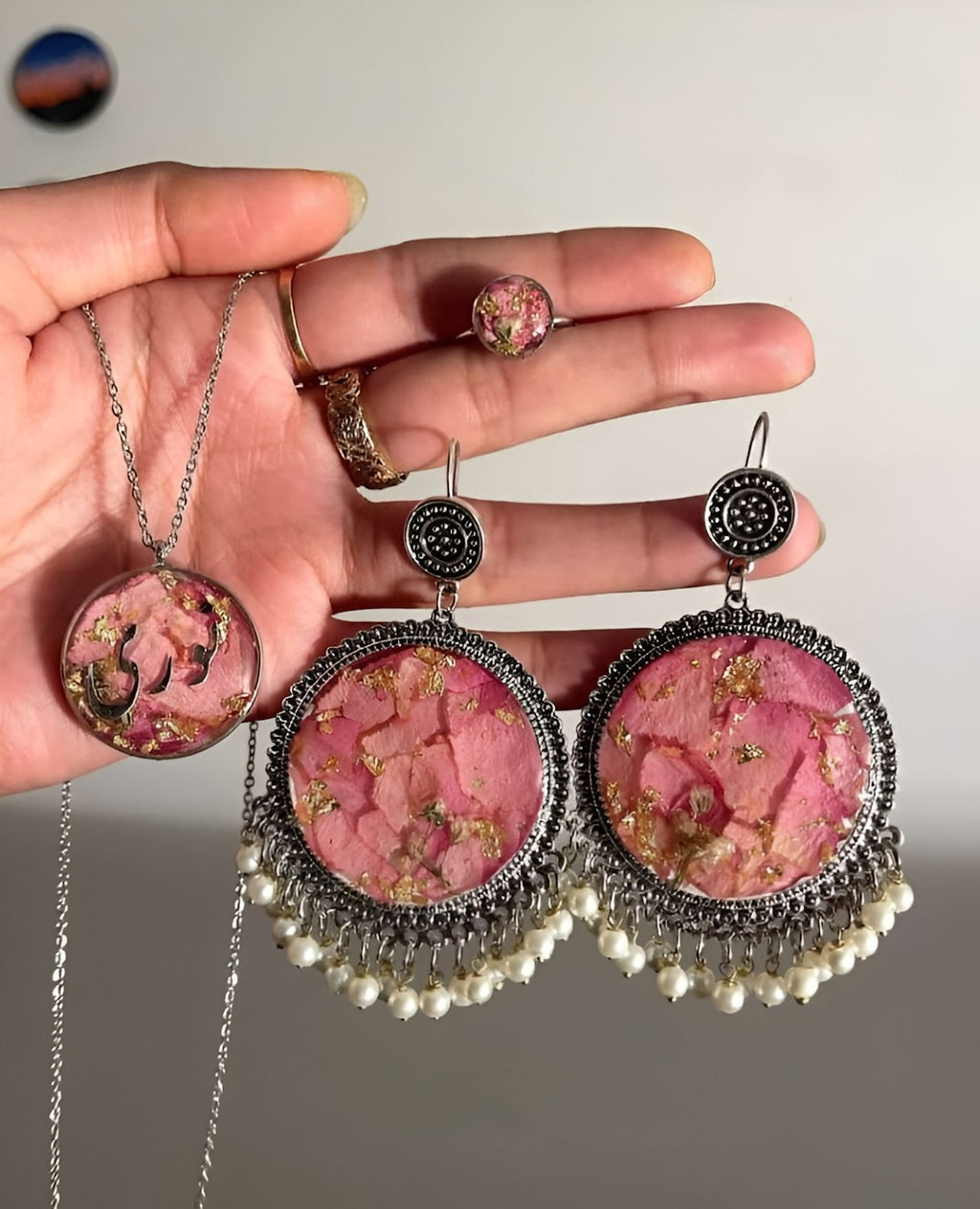 Bohemian Gold and Pink Floral Resin Earrings with Chandelier Tassels