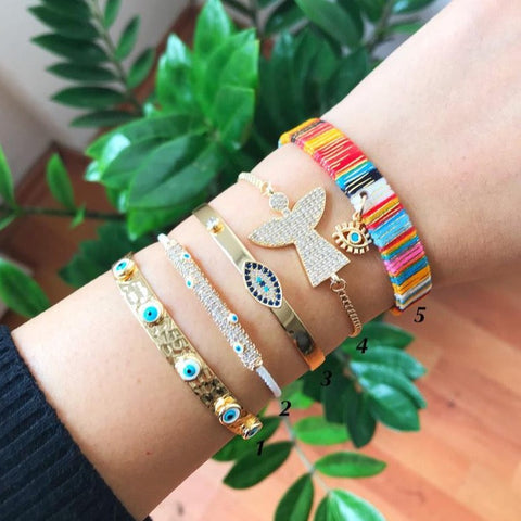 Gold Evil Eye Bracelet Set, Bangle Bracelet, Adjustable Bohemian