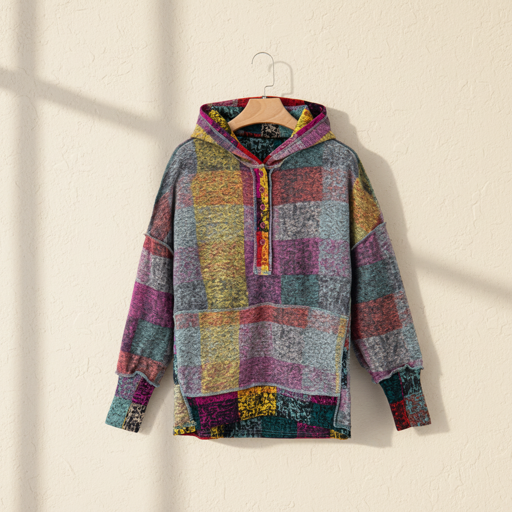 Multicolor brushed plaid buttoned pullover oversized hoodie on a warm ivory boutique studio background