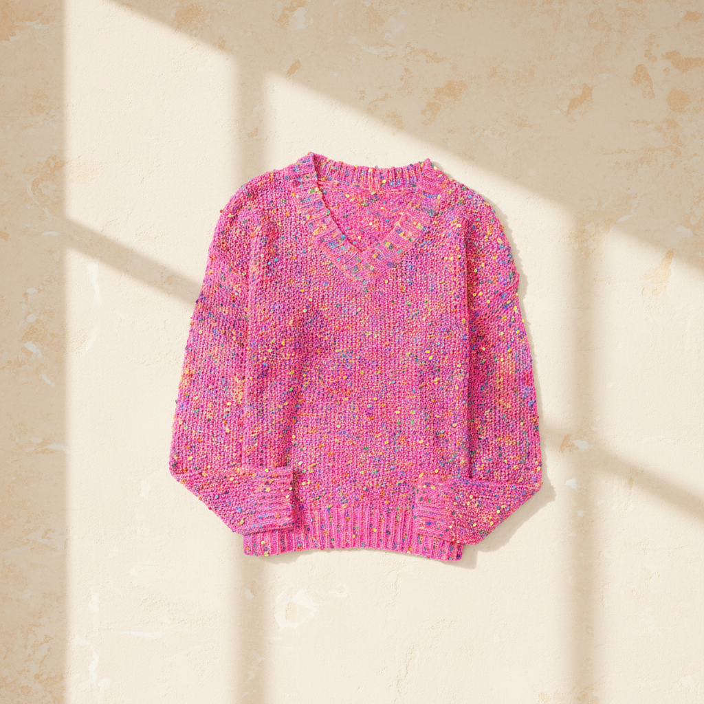 Dark pink colorful spots knitted V neck casual sweater on a warm ivory boutique studio background