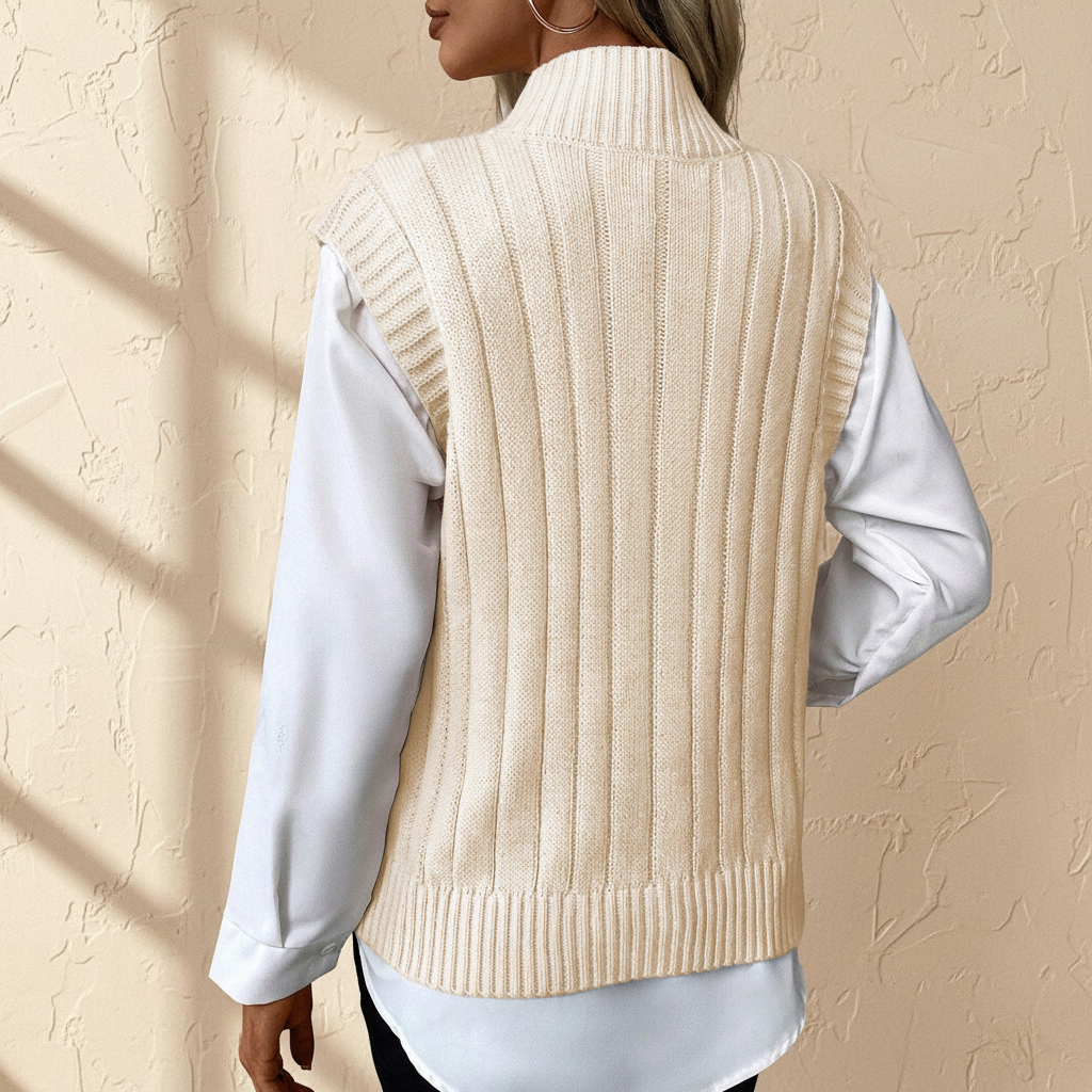 Oatmeal cable knit high neck sweater vest on a warm ivory boutique studio background