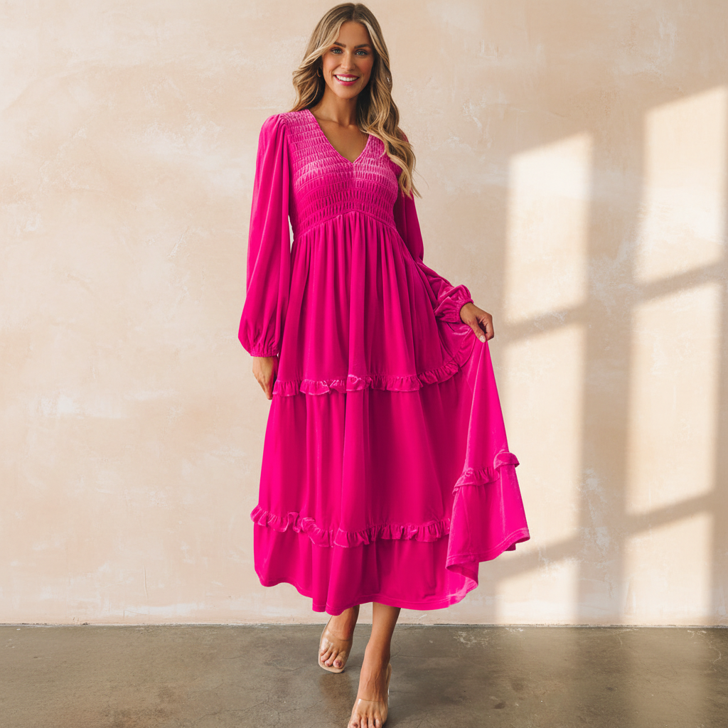 Rose red shirred V neck long sleeve velvet dress on a warm ivory boutique studio background