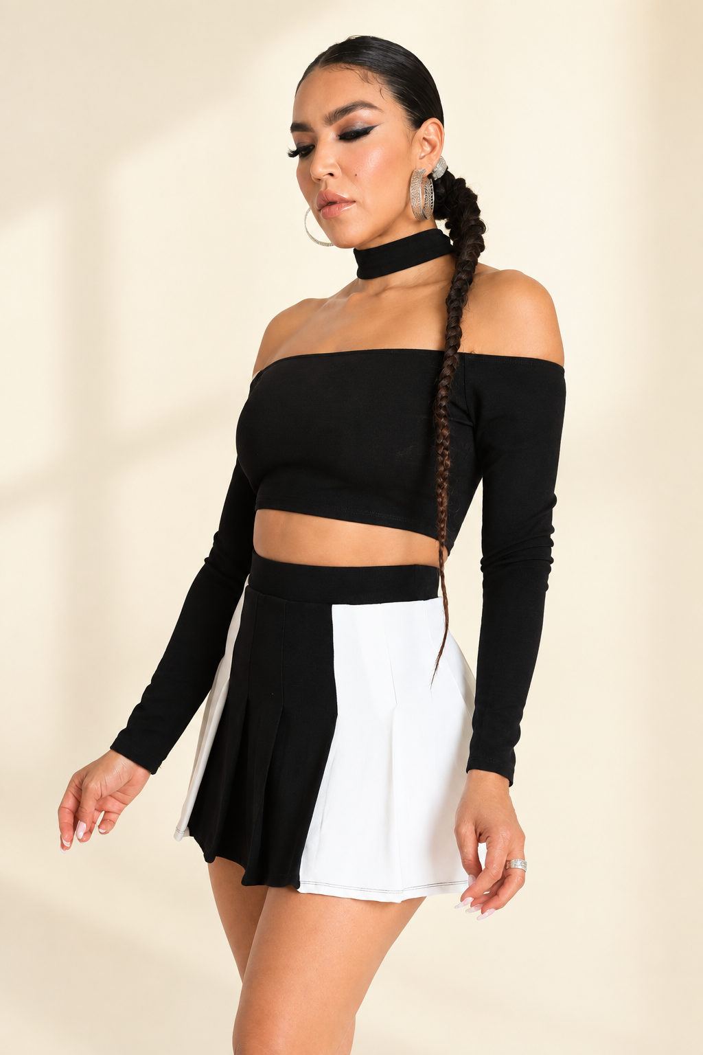Choker off-shoulder top set - warm ivory boutique studio background, side view