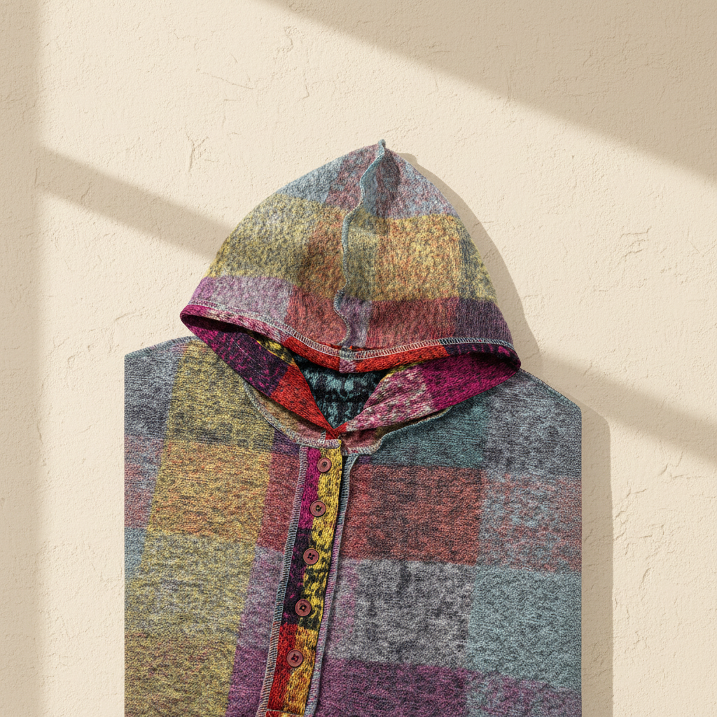 Multicolor brushed plaid buttoned pullover oversized hoodie on a warm ivory boutique studio background
