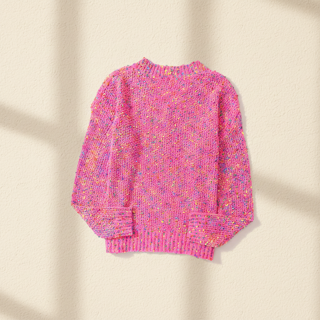 Dark pink colorful spots knitted V neck casual sweater on a warm ivory boutique studio background