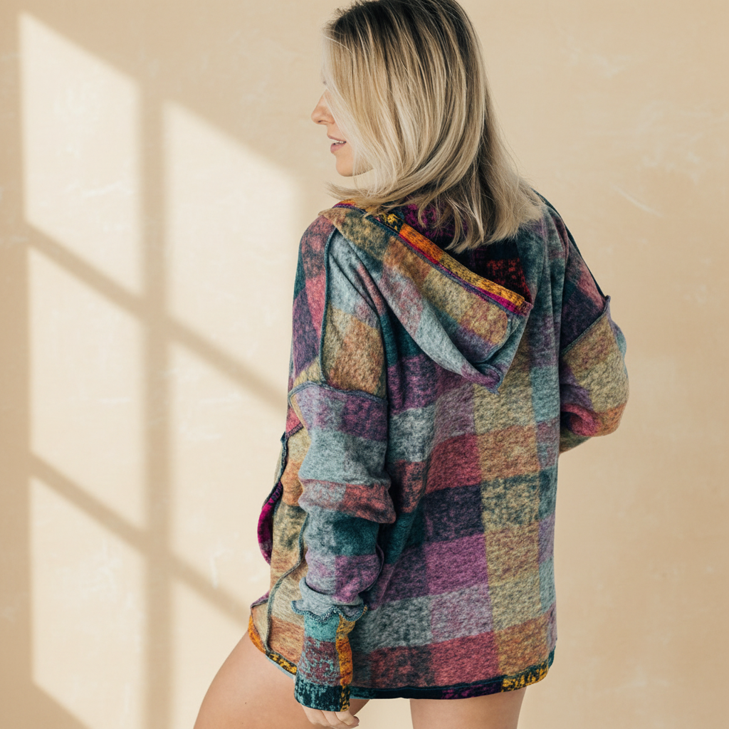 Multicolor brushed plaid buttoned pullover oversized hoodie on a warm ivory boutique studio background