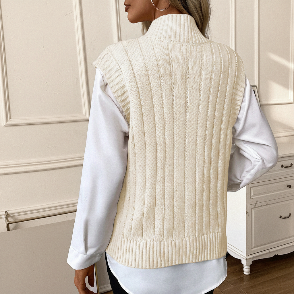 Oatmeal cable knit high neck sweater vest on a warm ivory boutique studio background