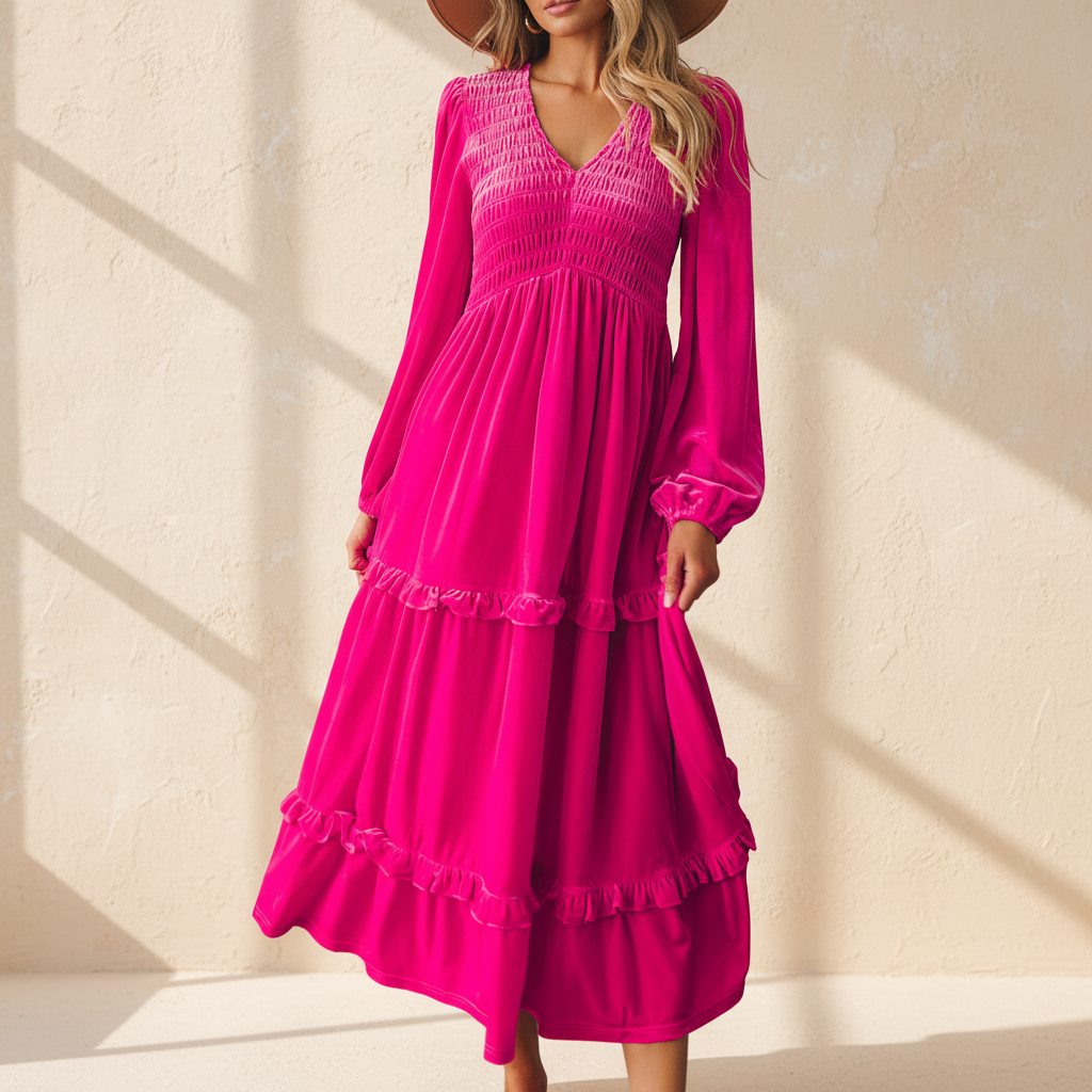 Rose red shirred V neck long sleeve velvet dress on a warm ivory boutique studio background