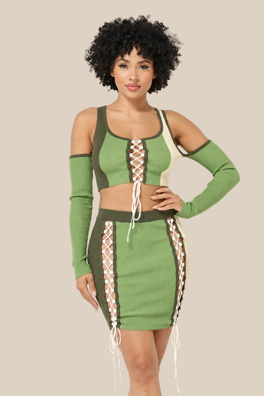 Olive multi color block set on a warm ivory boutique background, angle 1