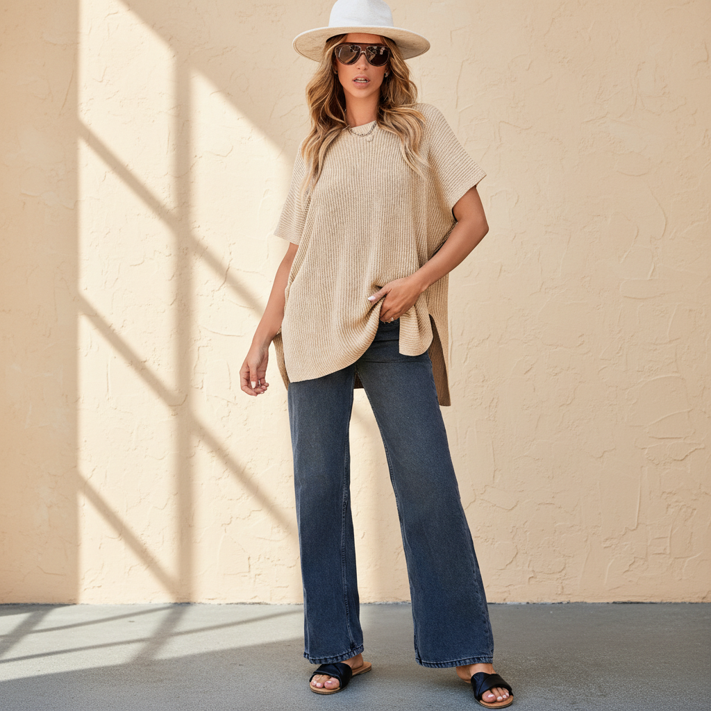 Apricot short sleeve side slit oversized sweater on a warm ivory boutique studio background
