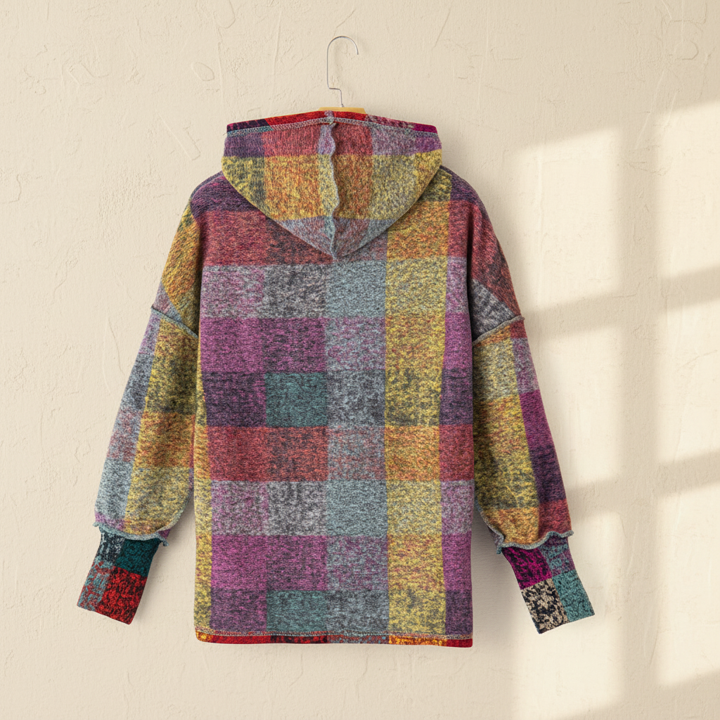 Multicolor brushed plaid buttoned pullover oversized hoodie on a warm ivory boutique studio background